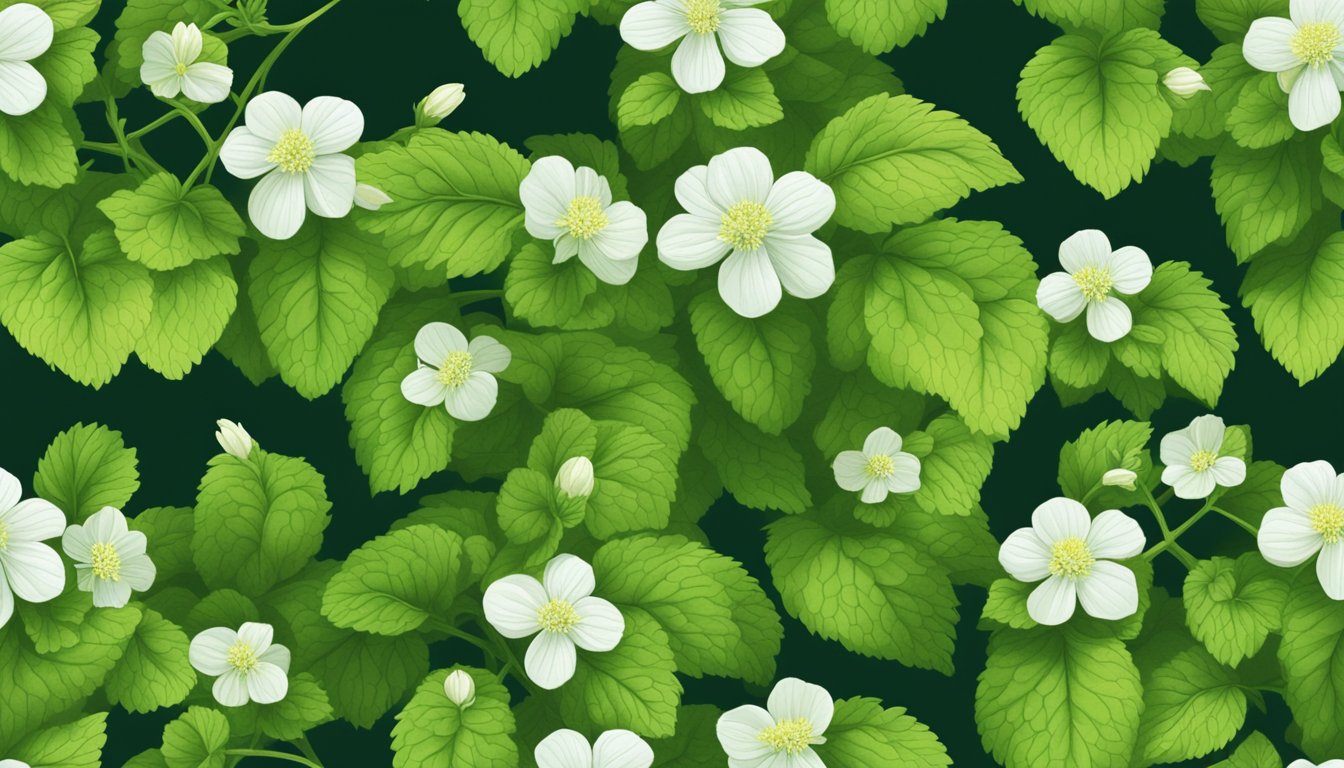 A vibrant lemon balm plant surrounded by lush green leaves, with small white flowers blooming, evoking a sense of freshness and vitality