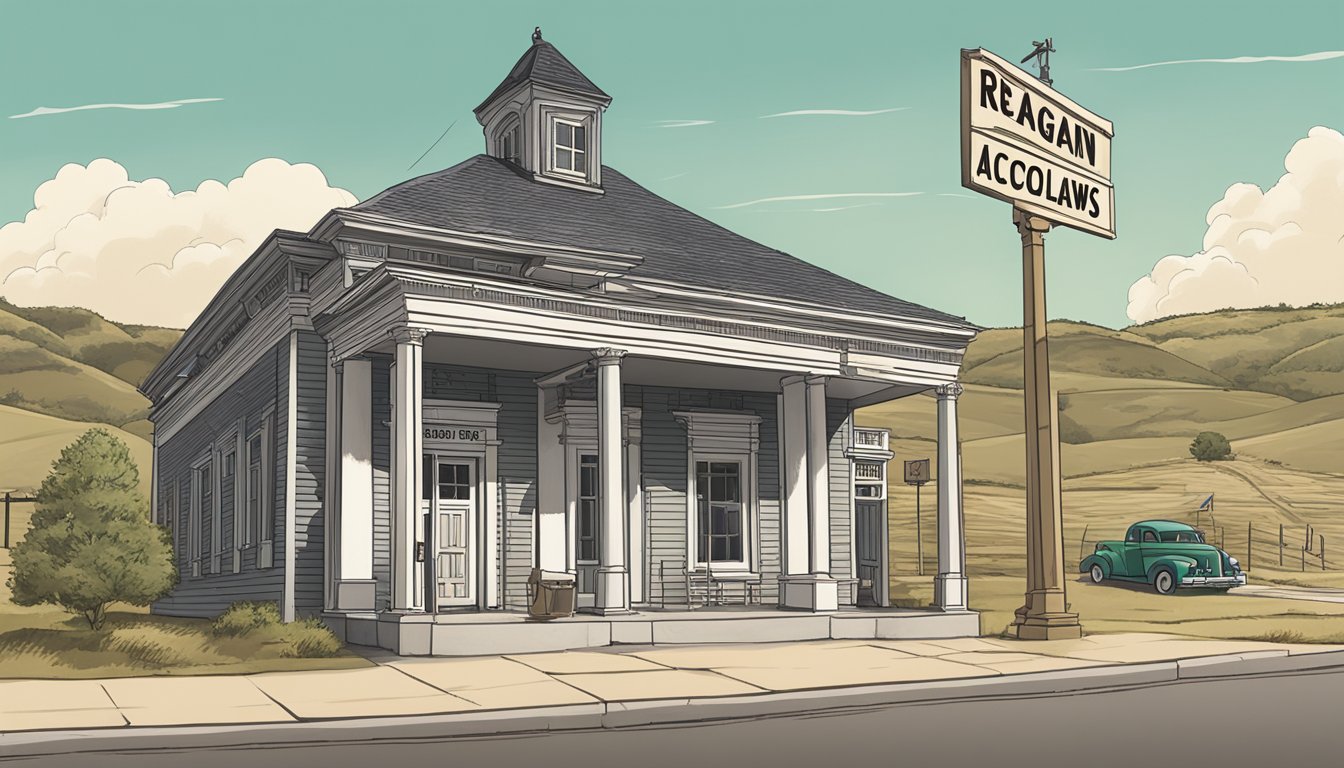 The scene shows a rural landscape with a small town courthouse and a sign displaying "Reagan County Alcohol Laws" in the foreground