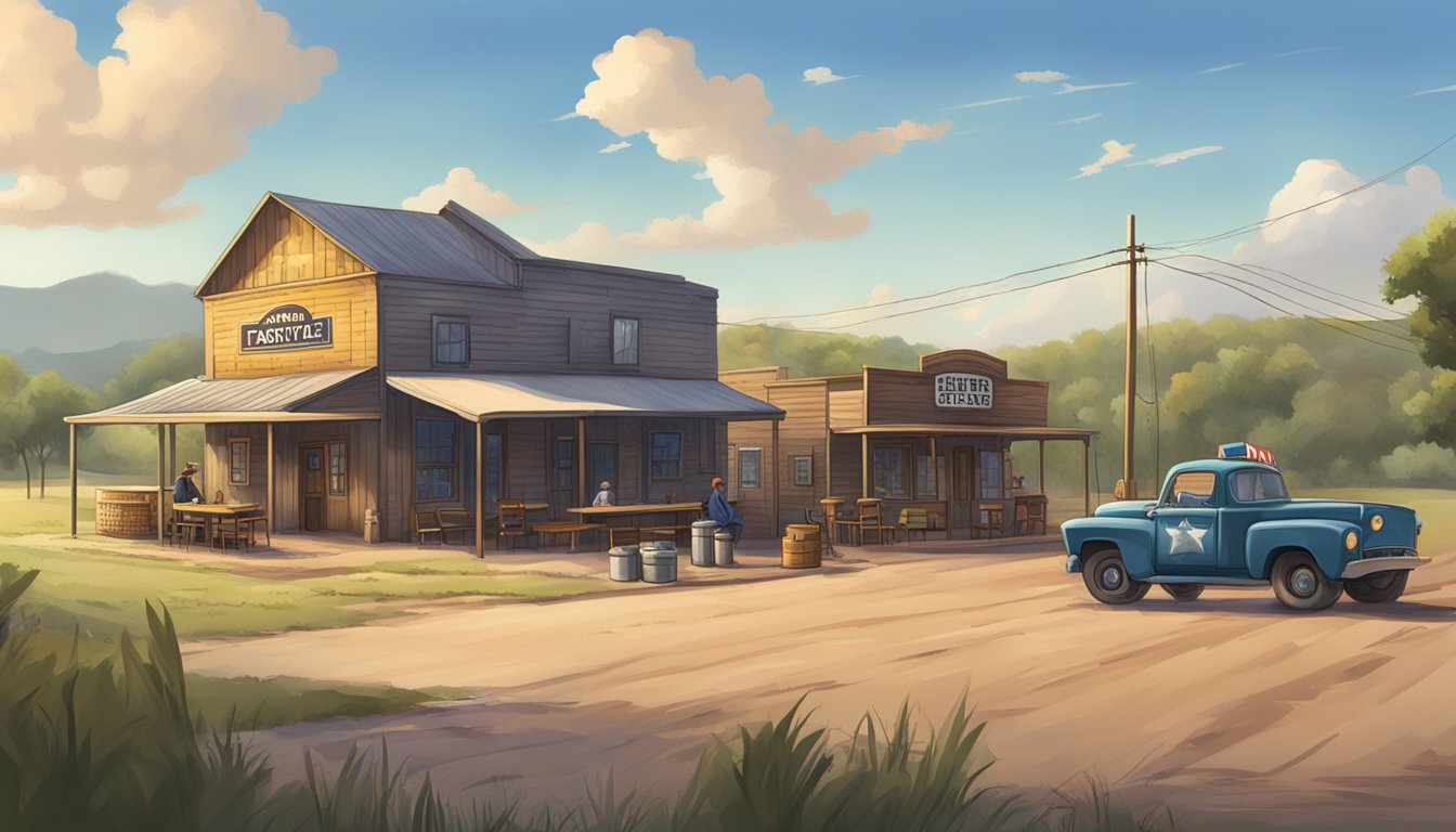 A rural Texas landscape with a small town, a bar, and a sheriff's office