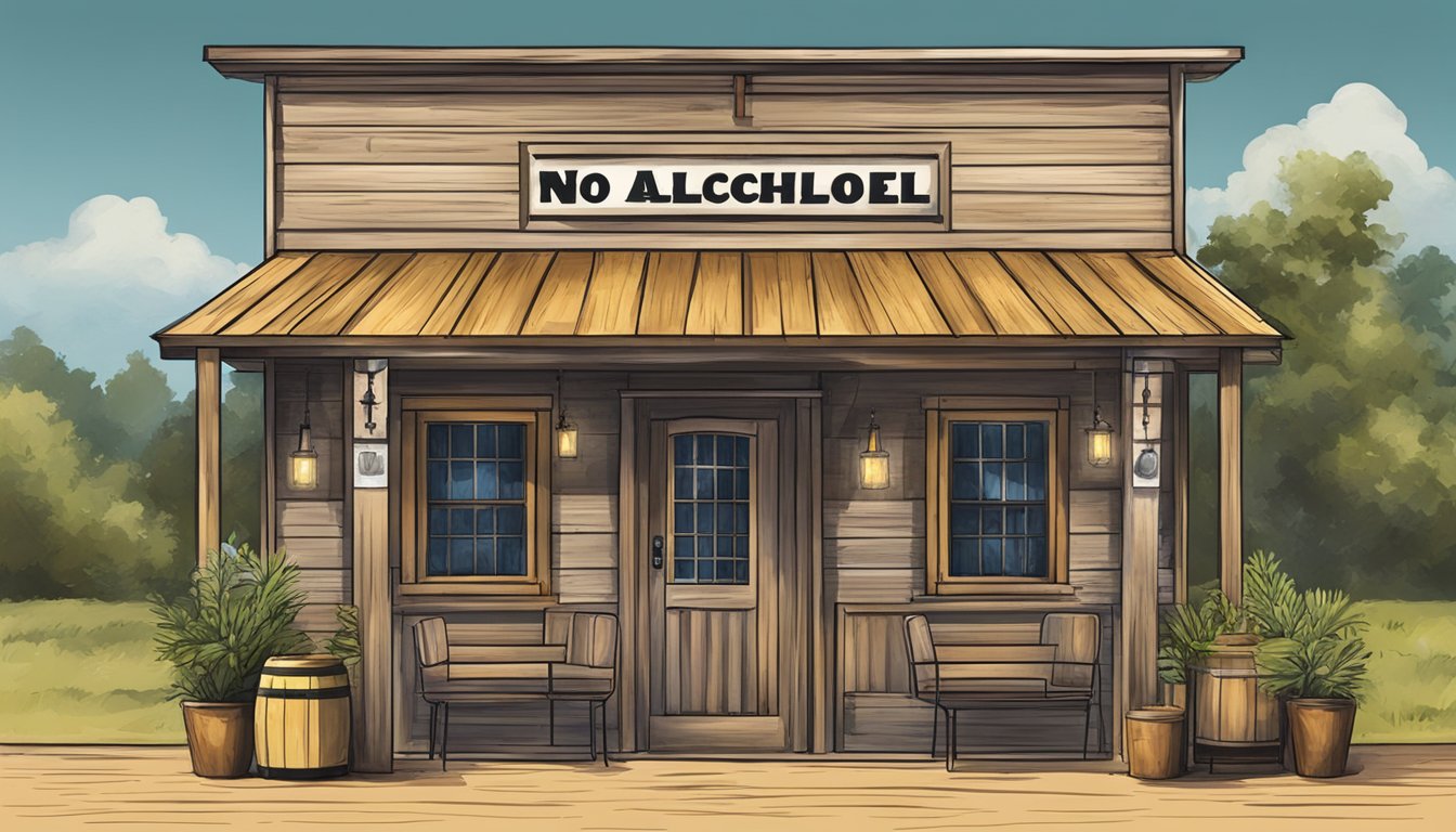 A rustic bar with a "No Alcohol" sign in Sabine County, Texas