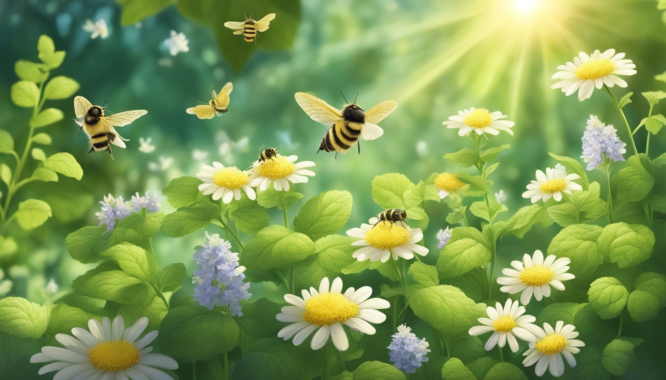 A serene garden with lemon balm plants in bloom, surrounded by bees and butterflies. Sunlight filters through the leaves, creating a peaceful and healing atmosphere