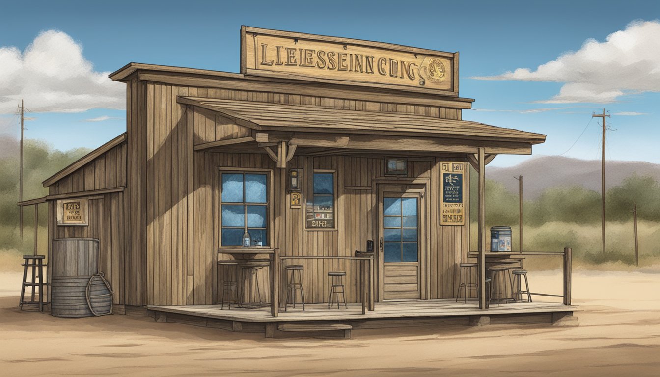 A rustic bar in Reagan County, Texas, with a prominent "Licensing and Permits" sign displayed