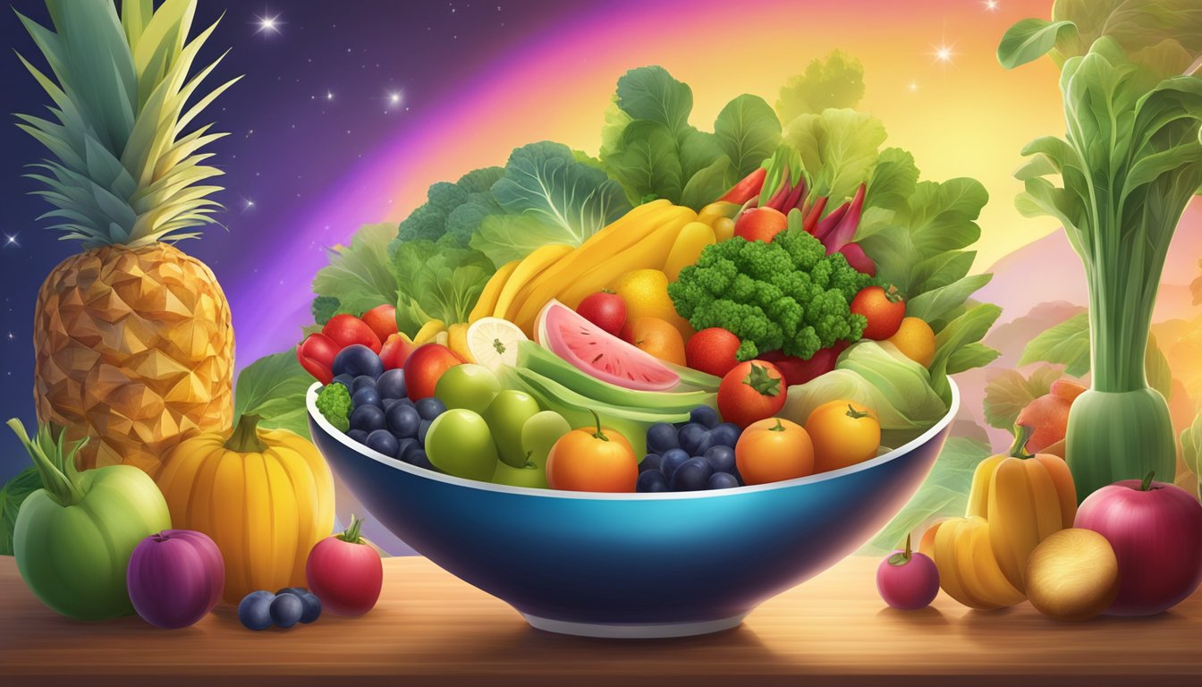 A bowl of kaniwa surrounded by colorful fruits and vegetables, with a glowing halo of light around it, symbolizing its health benefits