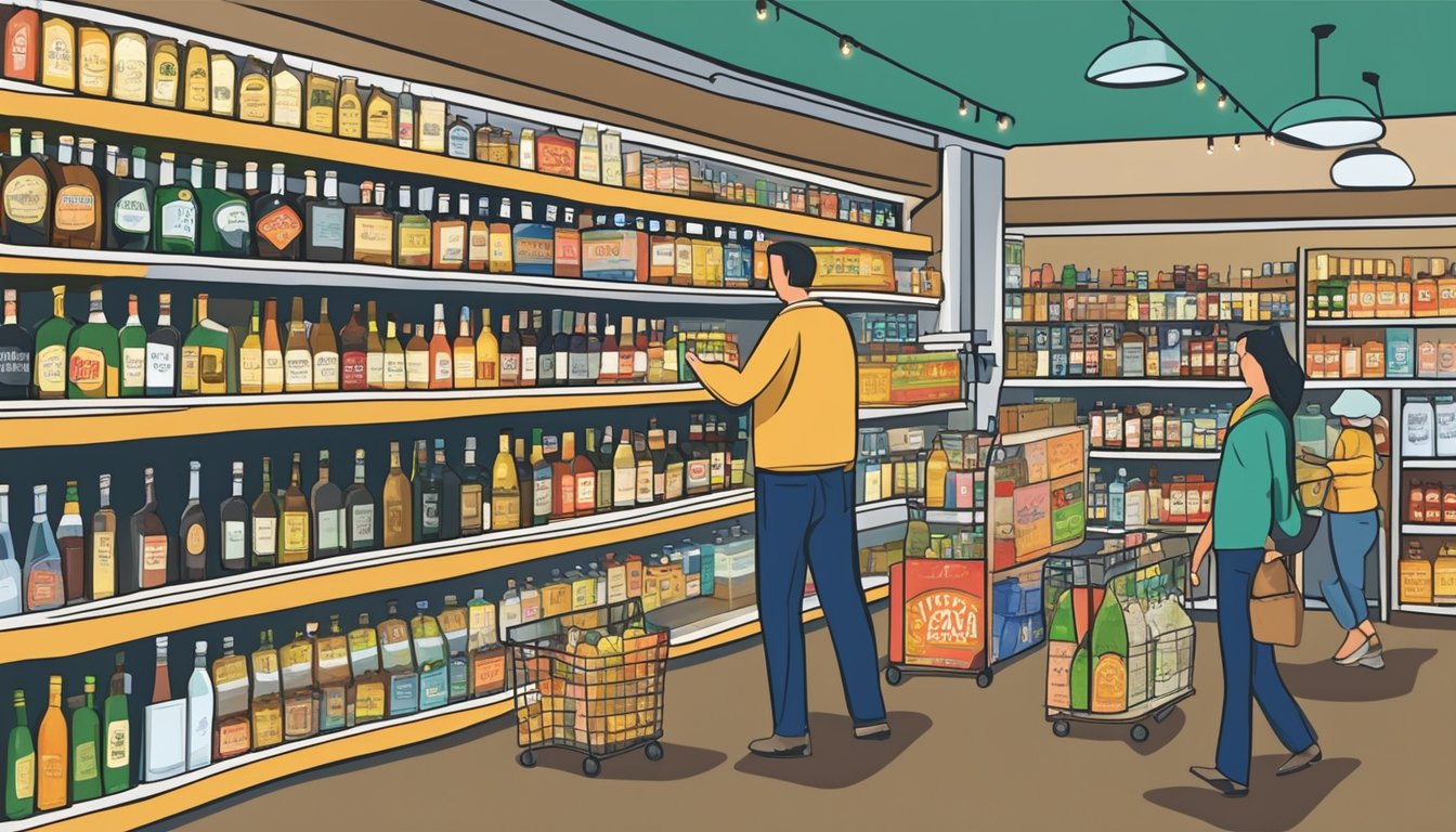 A liquor store in Sabine County, Texas, with signs displaying alcohol laws. Customers browsing shelves and making purchases