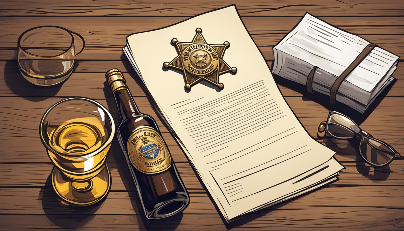 A sheriff's badge on a rustic wooden table, with a stack of legal documents and a bottle of alcohol beside it