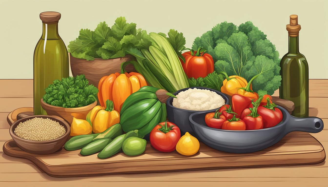 A colorful variety of fresh vegetables and a bowl of cooked kaniwa on a wooden cutting board, surrounded by a mortar and pestle, and a bottle of olive oil