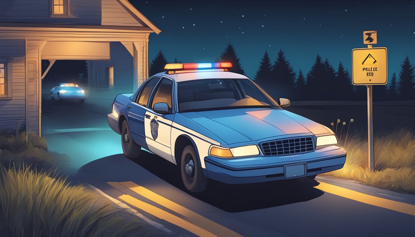 A police car pulling over a car on a rural road at night, with flashing lights and a breathalyzer test being administered