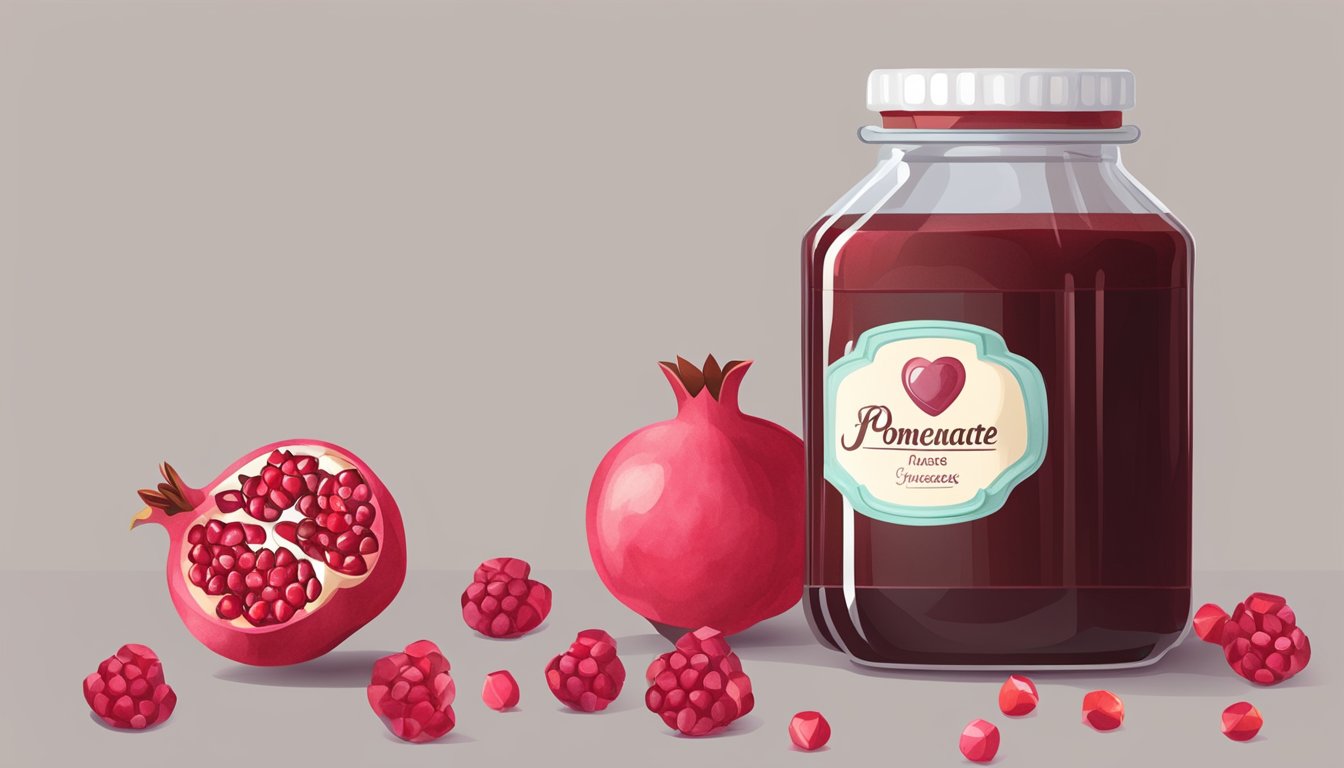 A glass jar of pomegranate molasses surrounded by fresh pomegranates and a heart-shaped ribbon, with a stethoscope nearby