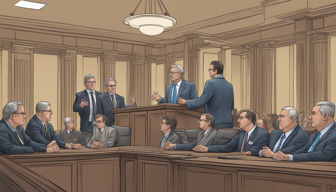 A group of officials in Rockwall County, Texas, discussing and debating alcohol legislation in a courthouse setting