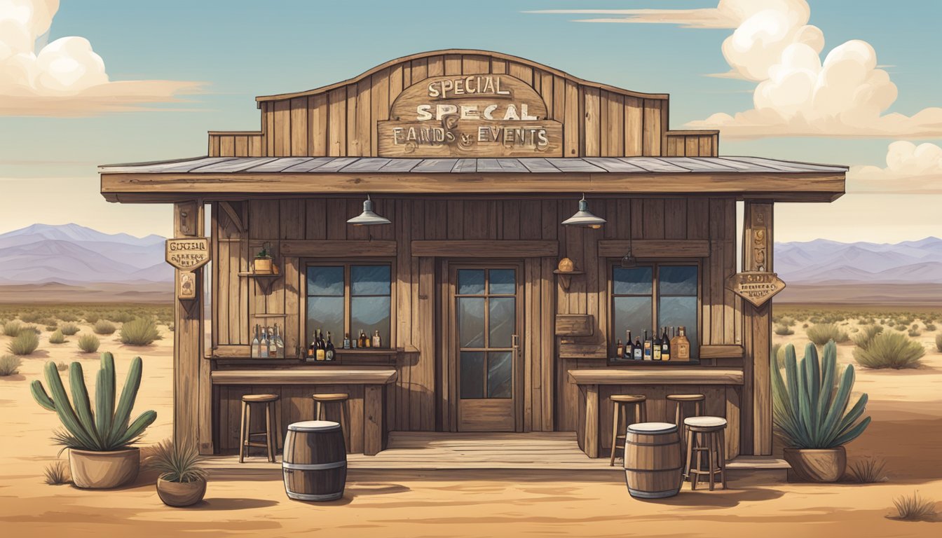 A rustic Texas bar with a "Special Provisions and Events" sign, surrounded by dry desert landscape