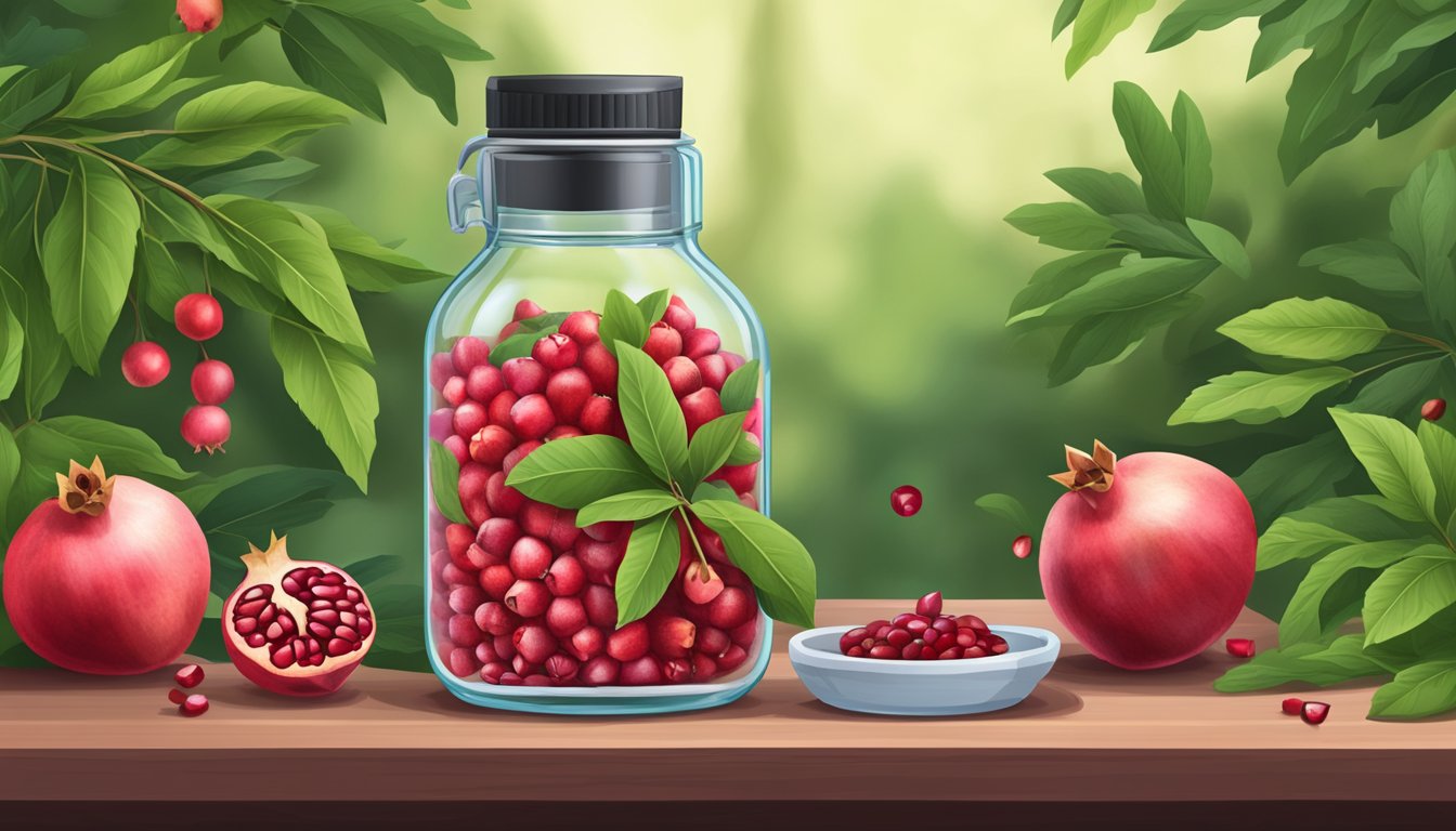 A glass jar of pomegranate molasses surrounded by fresh pomegranates, green leaves, and a blood sugar monitor