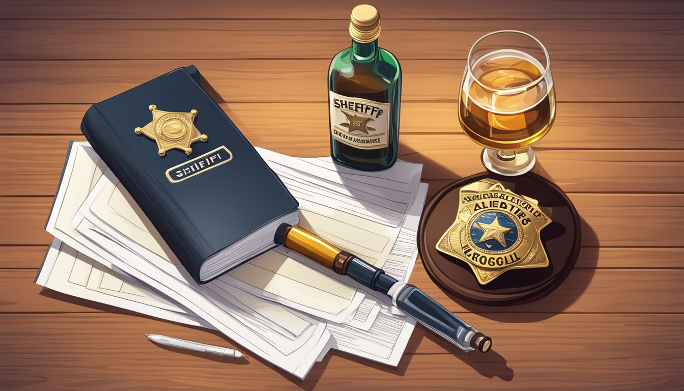 A sheriff's badge next to a stack of legal documents and a bottle of alcohol on a wooden desk