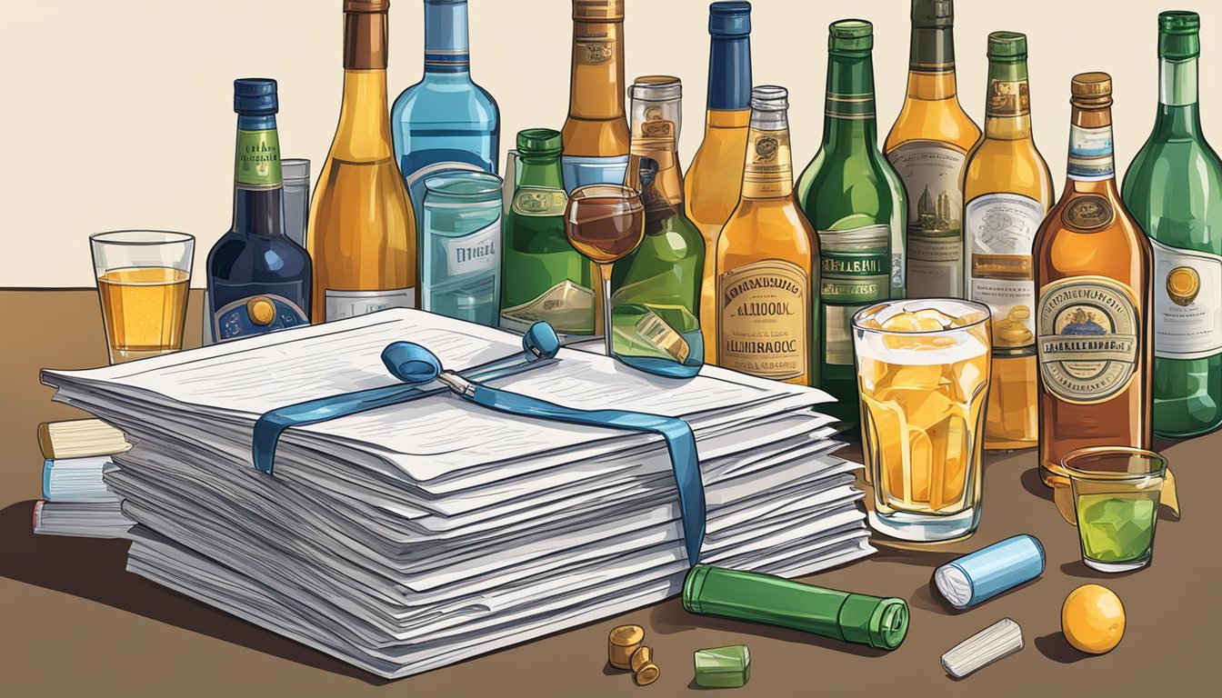 A stack of legal documents with the title "Regulations Governing Specific Alcoholic Beverages" surrounded by various alcoholic beverage containers