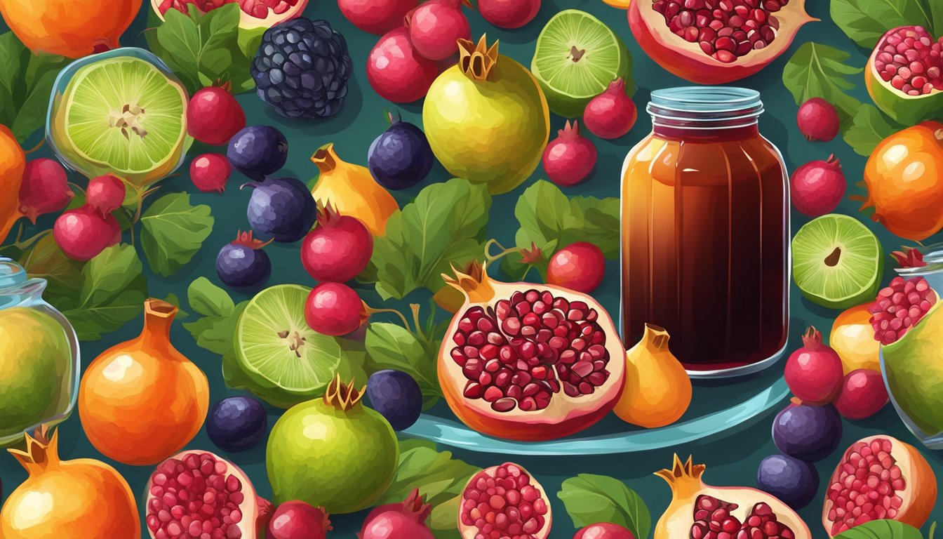 A glass jar of rich, dark pomegranate molasses surrounded by fresh, vibrant pomegranates and a variety of colorful fruits and vegetables