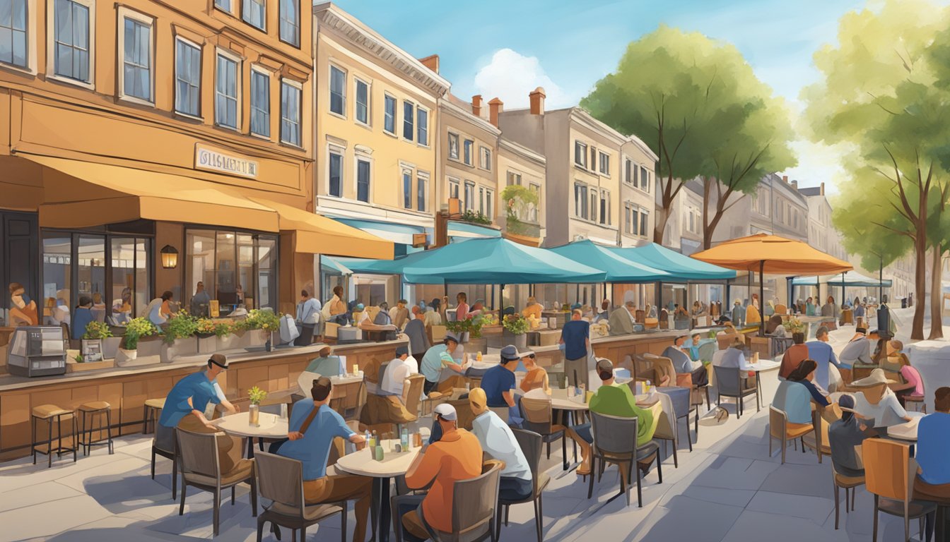 A bustling town square with outdoor seating, where people enjoy drinks at local cafes and bars