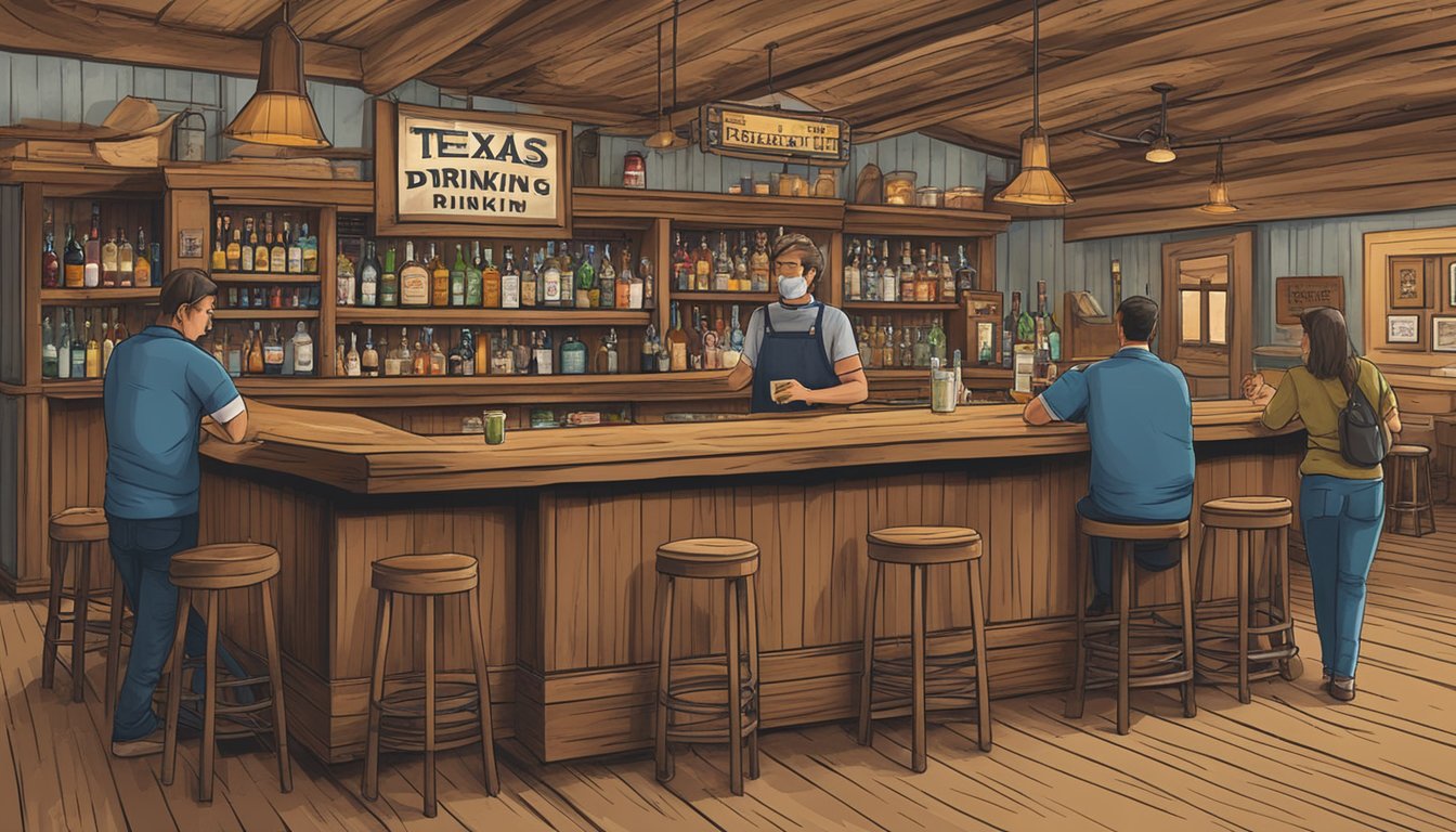 A rustic Texas bar with a sign displaying the legal drinking age. Patrons socialize with drinks in hand, while a bartender serves behind the counter