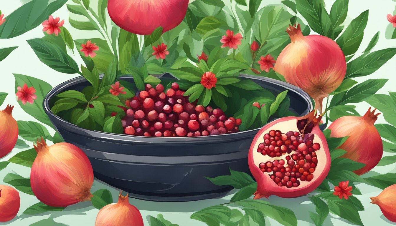 A bowl of pomegranates with a dripping molasses, surrounded by vibrant green leaves and red flowers