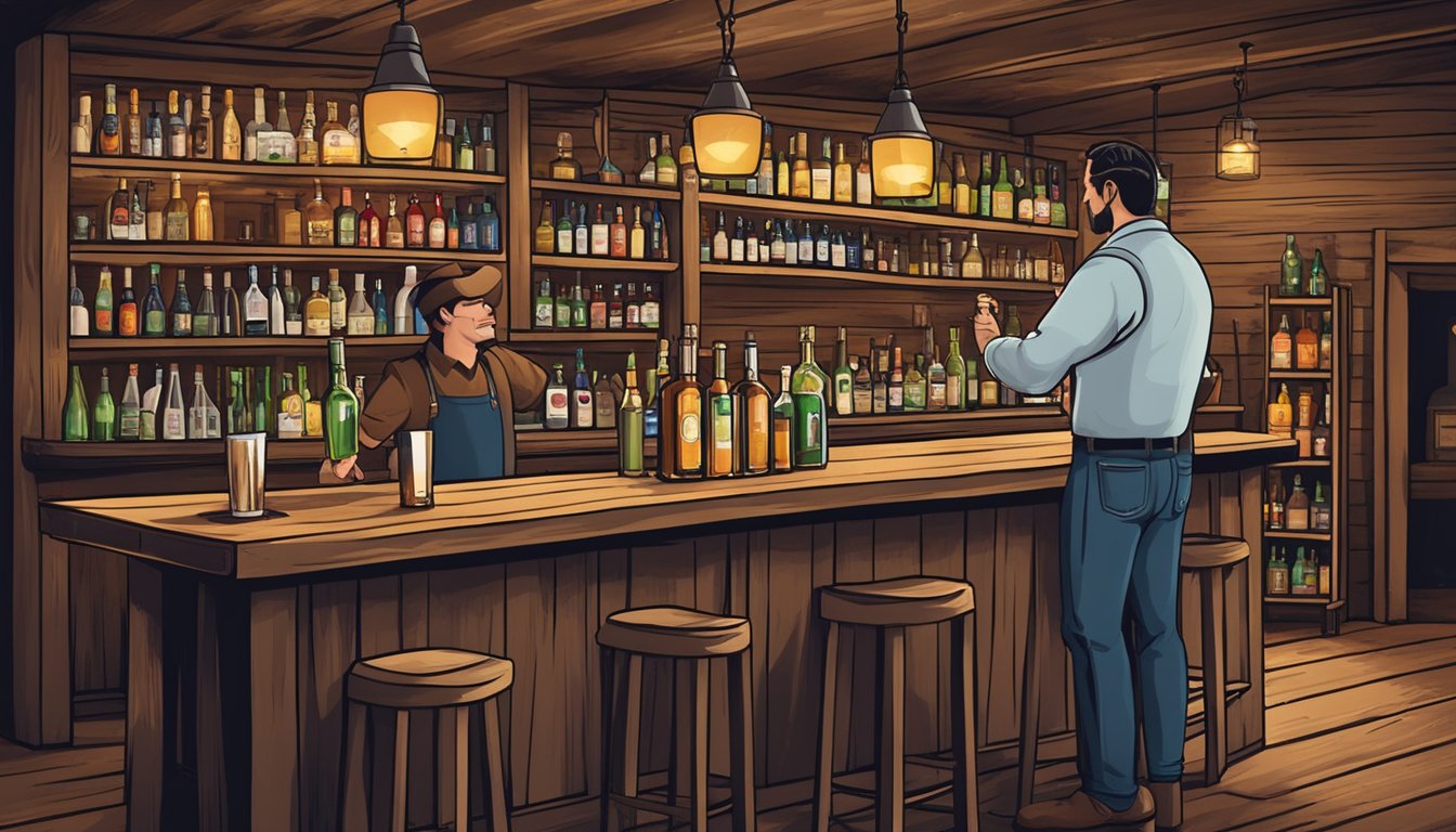 A bartender serving drinks to customers in a rustic Texas bar, with shelves of alcohol bottles and a sign displaying local alcohol laws