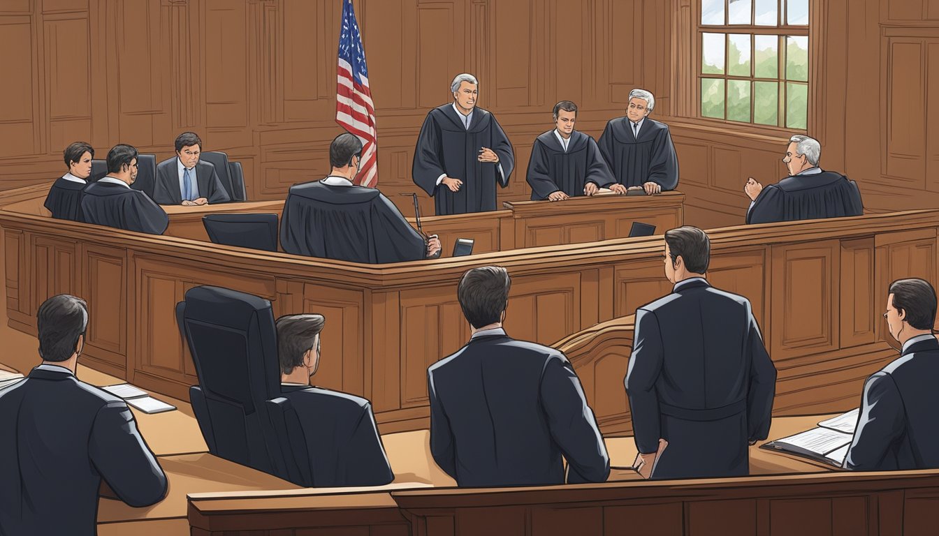 A courtroom scene with a judge presiding over a legal proceeding, with individuals involved in violations of Rockwall County, Texas alcohol and drinking laws