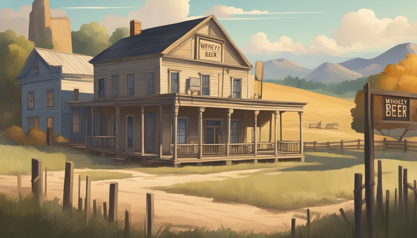 A dusty rural landscape with a small town in the background, featuring a quaint courthouse and a saloon with a sign advertising "Whiskey & Beer"