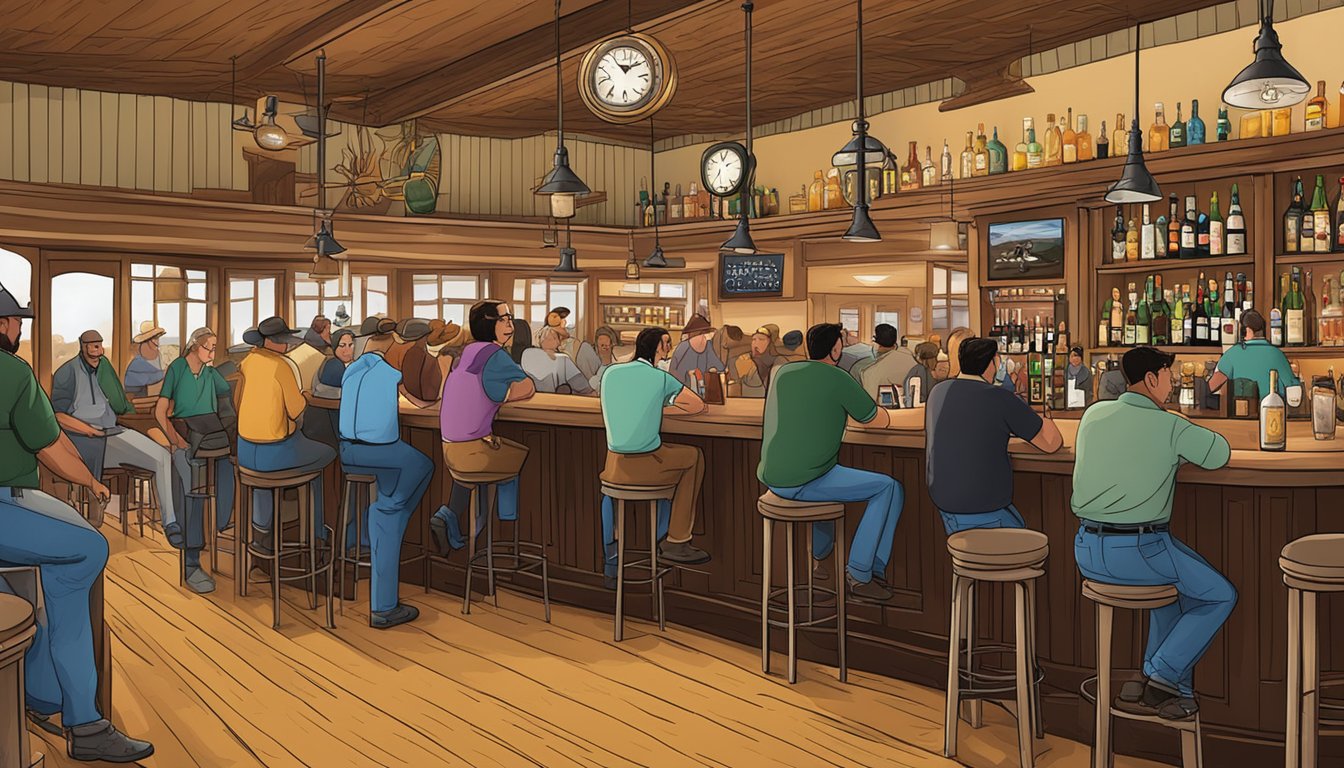 A bustling bar in Presidio County, Texas, with patrons enjoying drinks as the clock approaches the legal hours for alcohol sale and consumption