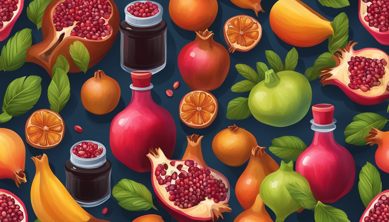 A bottle of pomegranate molasses surrounded by fresh pomegranates and a variety of colorful fruits and vegetables