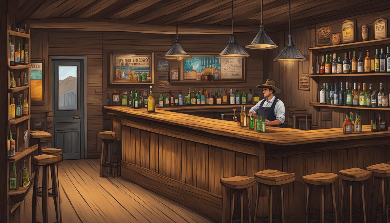 A rustic Texas bar with a "No Minors" sign, bottles of alcohol on shelves, and a bartender checking IDs