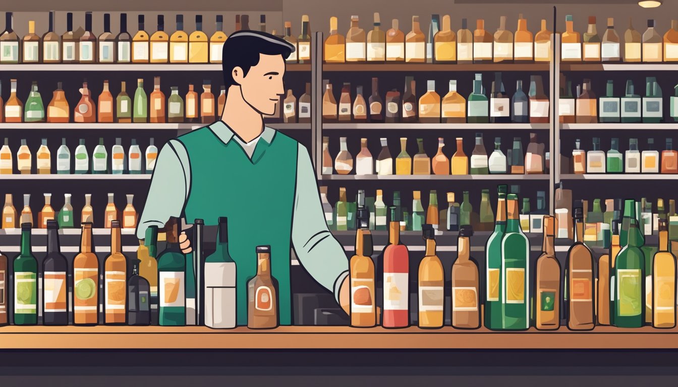 A person showing identification to a cashier at a liquor store, with bottles of alcohol on display behind the counter