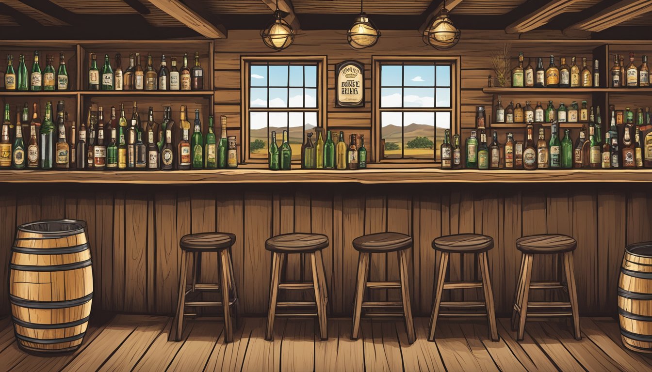 A rustic bar scene with bottles of alcohol displayed and a sign promoting local beer and wine in Presidio County, Texas