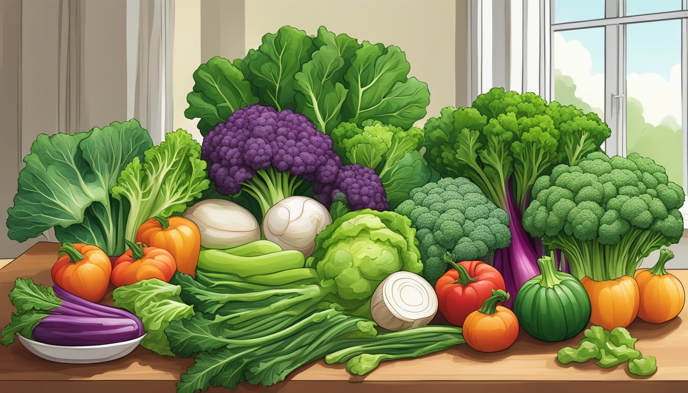 A colorful array of fresh vegetables and leafy greens, including kale, broccoli, and turnip greens, arranged in a vibrant and inviting display