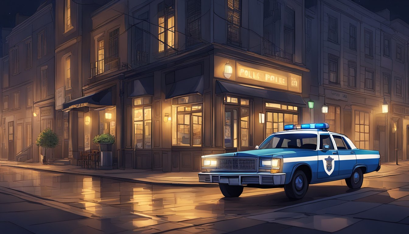 A deserted street at night with a police car parked outside a dimly lit bar