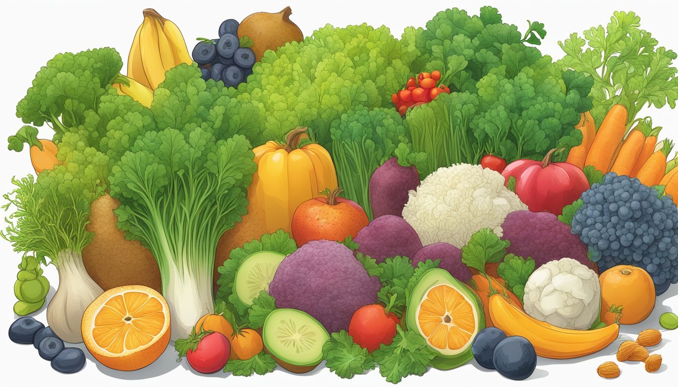 A vibrant illustration of Irish Moss surrounded by various fruits and vegetables, highlighting its nutritional benefits