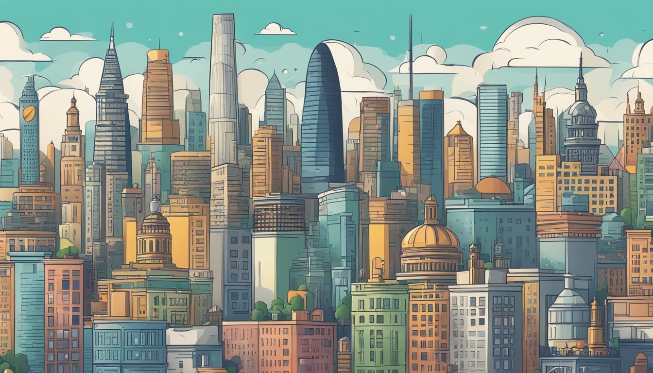 A bustling city skyline with various buildings and landmarks, each representing a different alcohol policy or regulation