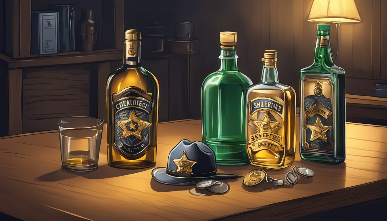 A sheriff's badge and a bottle of alcohol on a table in a dimly lit room