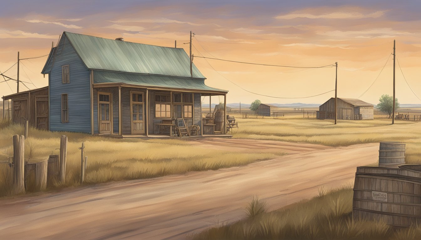 A dusty, rural Texas landscape with a small town in the background. A sign with "Pecos County Alcohol Regulations" is prominently displayed