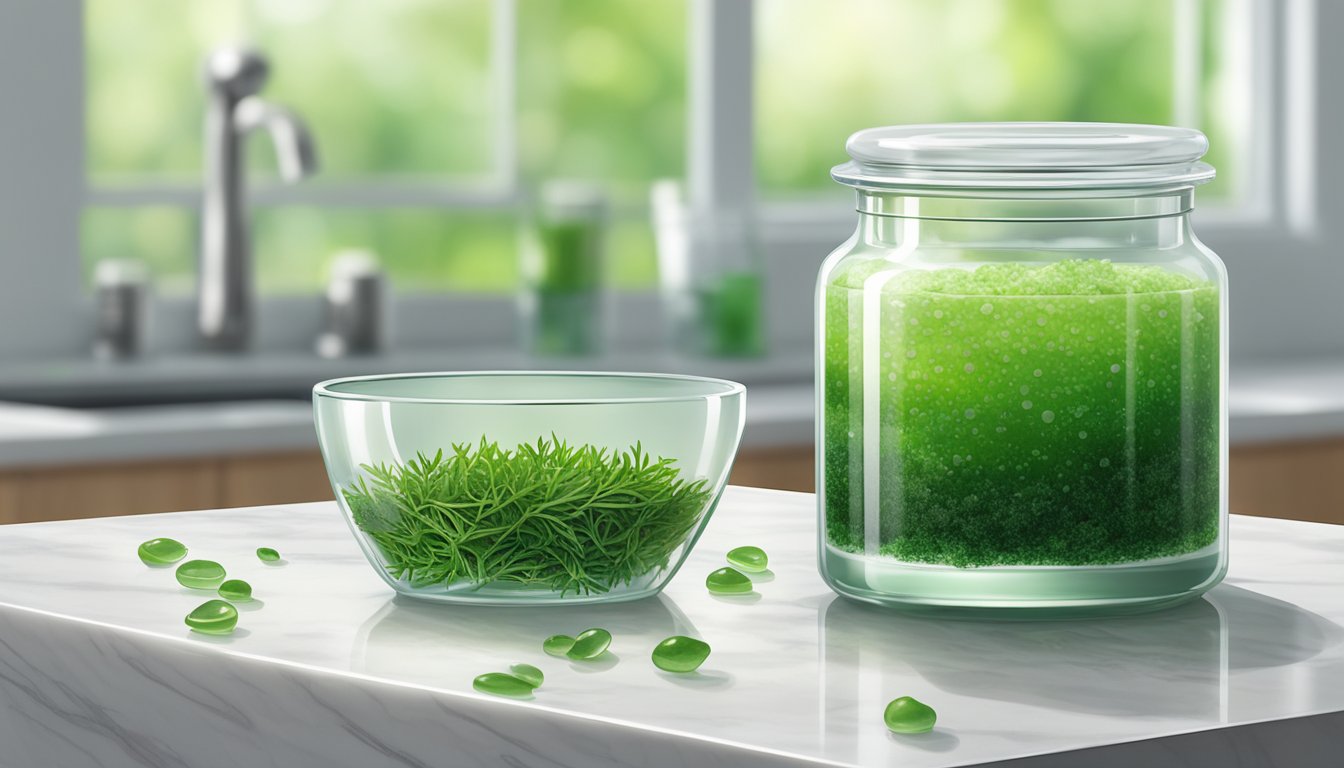 A clear glass jar filled with Irish moss gel sits on a marble countertop, surrounded by fresh green seaweed and a small bowl of water droplets