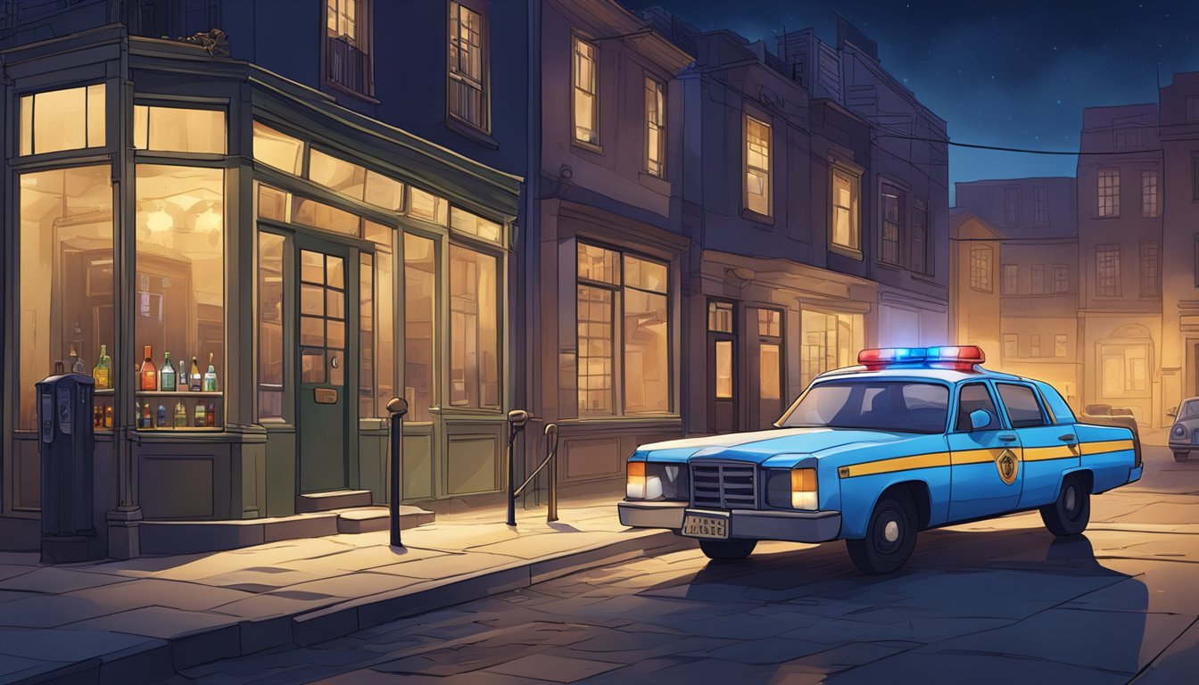 A deserted street at night, with a dimly lit bar in the background and a police car parked outside