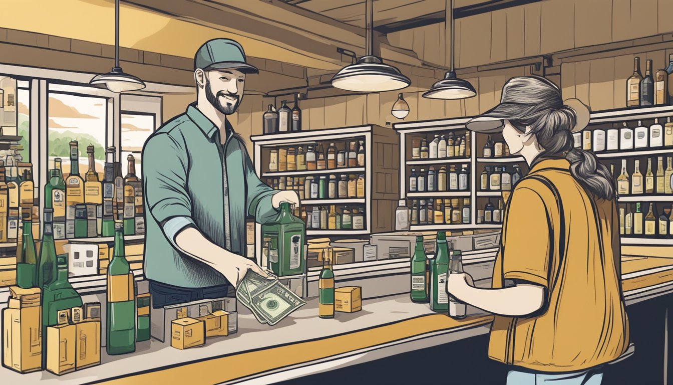 A person at a checkout counter in a rural Texas store, handing over money for a bottle of alcohol