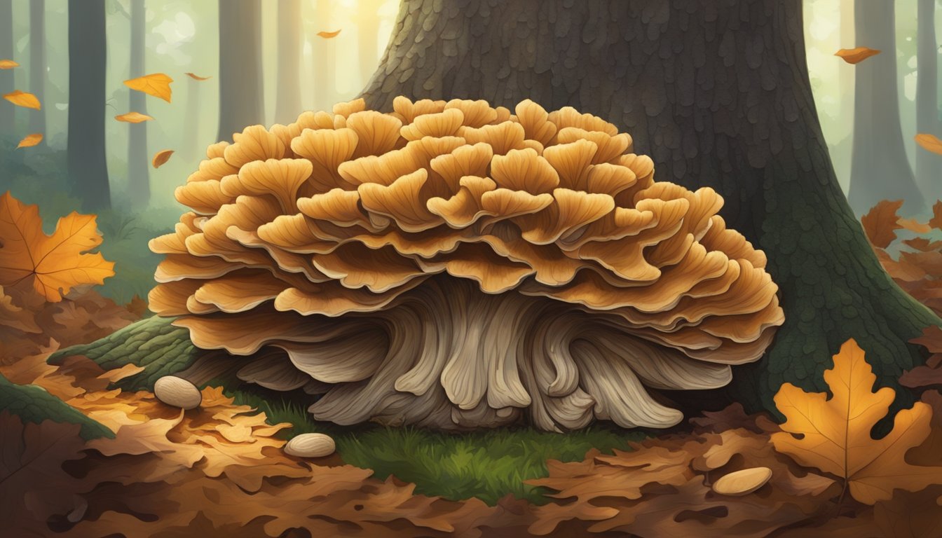 A hen of the woods mushroom growing at the base of a large oak tree in a lush forest, surrounded by fallen leaves and dappled sunlight