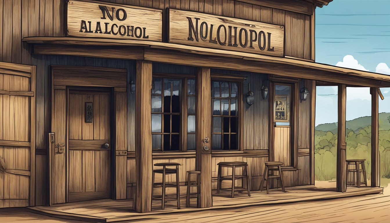 A rustic saloon with a "No Alcohol" sign on the door in Palo Pinto County, Texas