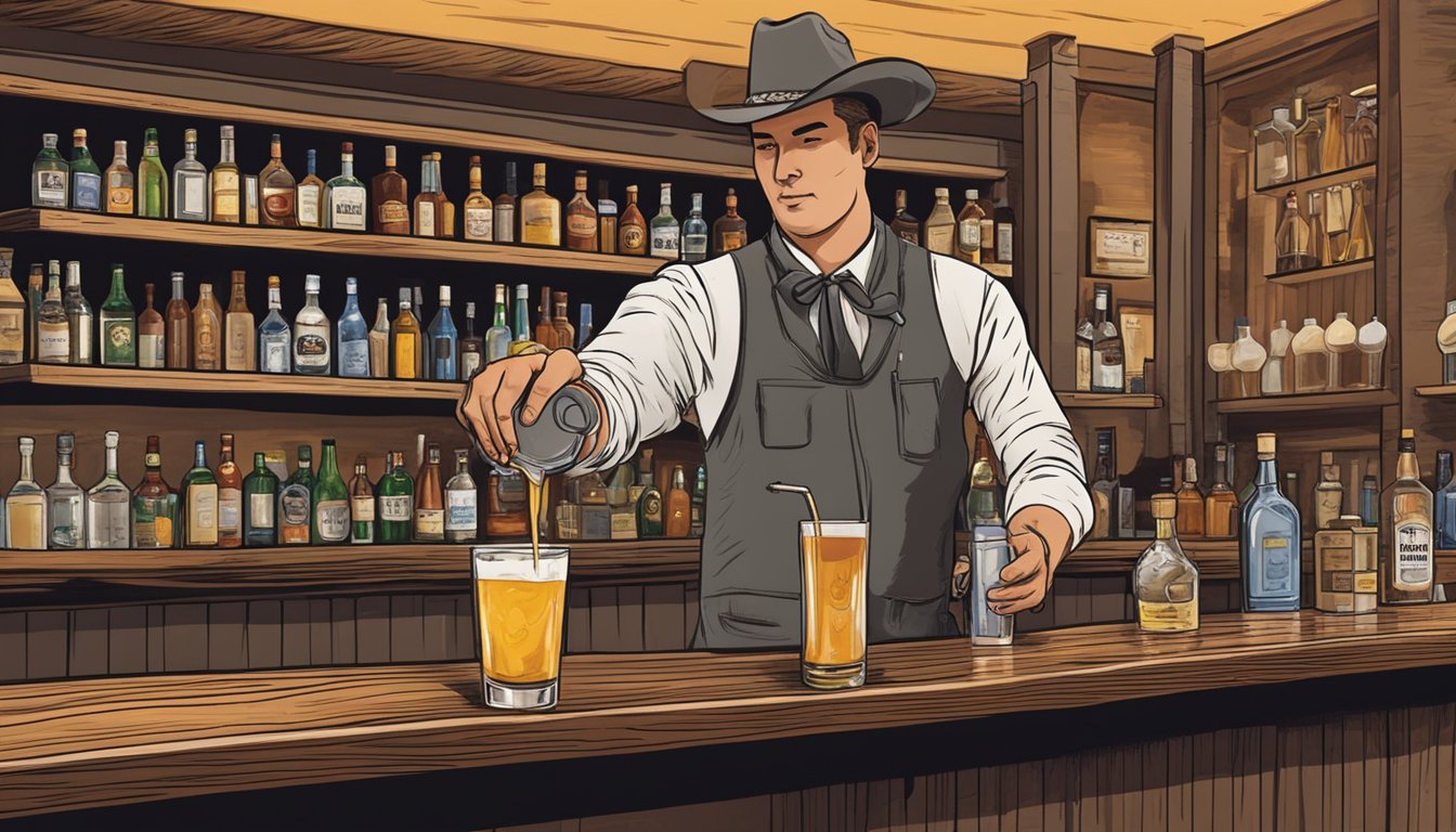 A bartender pouring a drink behind a bar in Pecos County, Texas