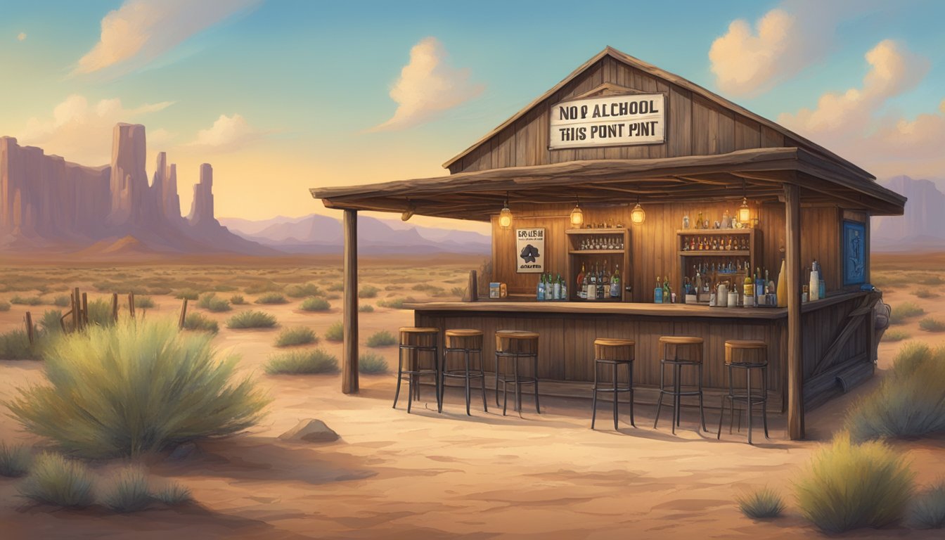 A rustic bar with a "No Alcohol Beyond This Point" sign, surrounded by Texas desert landscape and a sheriff's badge on the wall