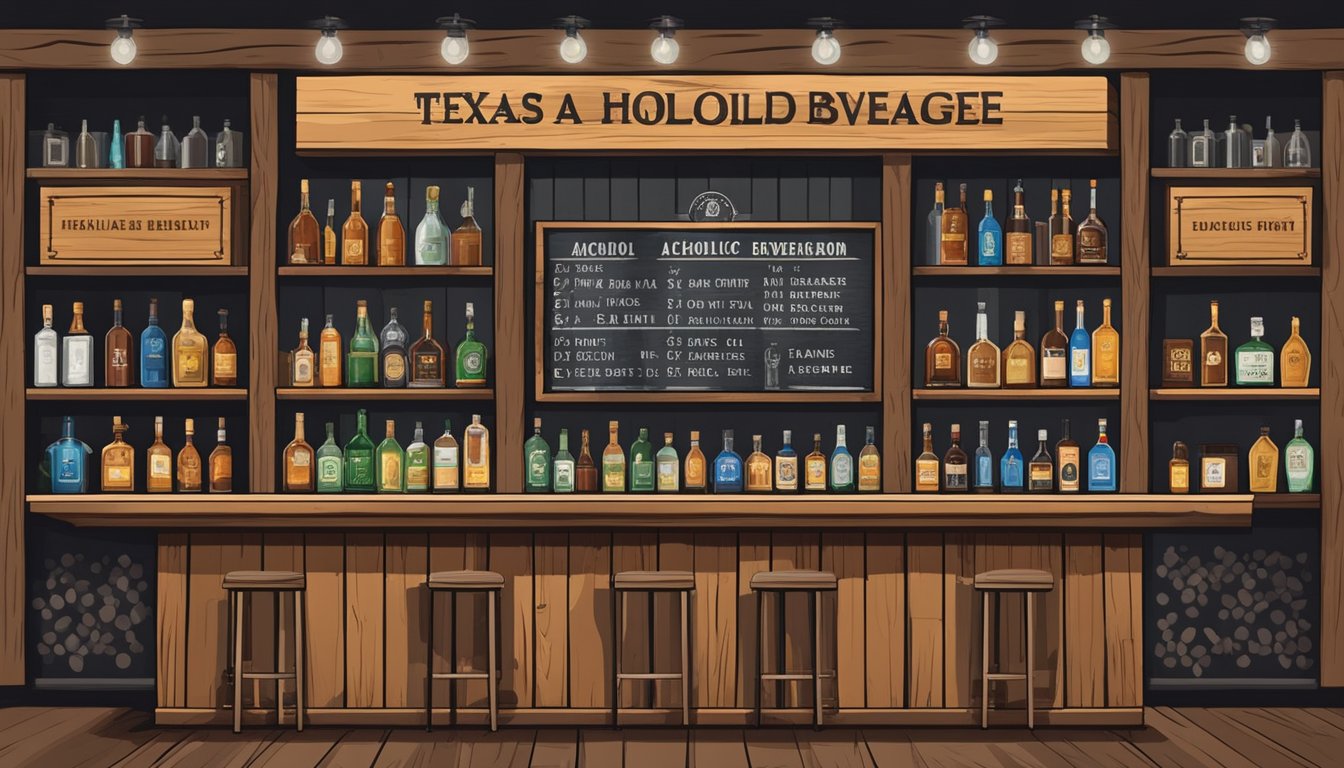 A rustic bar in Palo Pinto County, Texas, with shelves of various alcohol bottles and a sign displaying the Texas Alcoholic Beverage Code