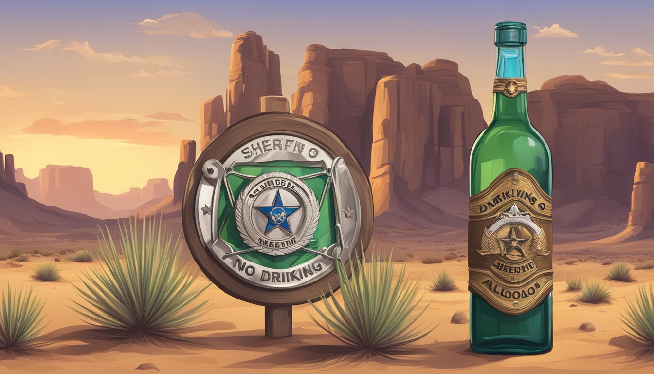 A desert landscape with a sheriff's badge and a bottle of alcohol under a "No Drinking" sign