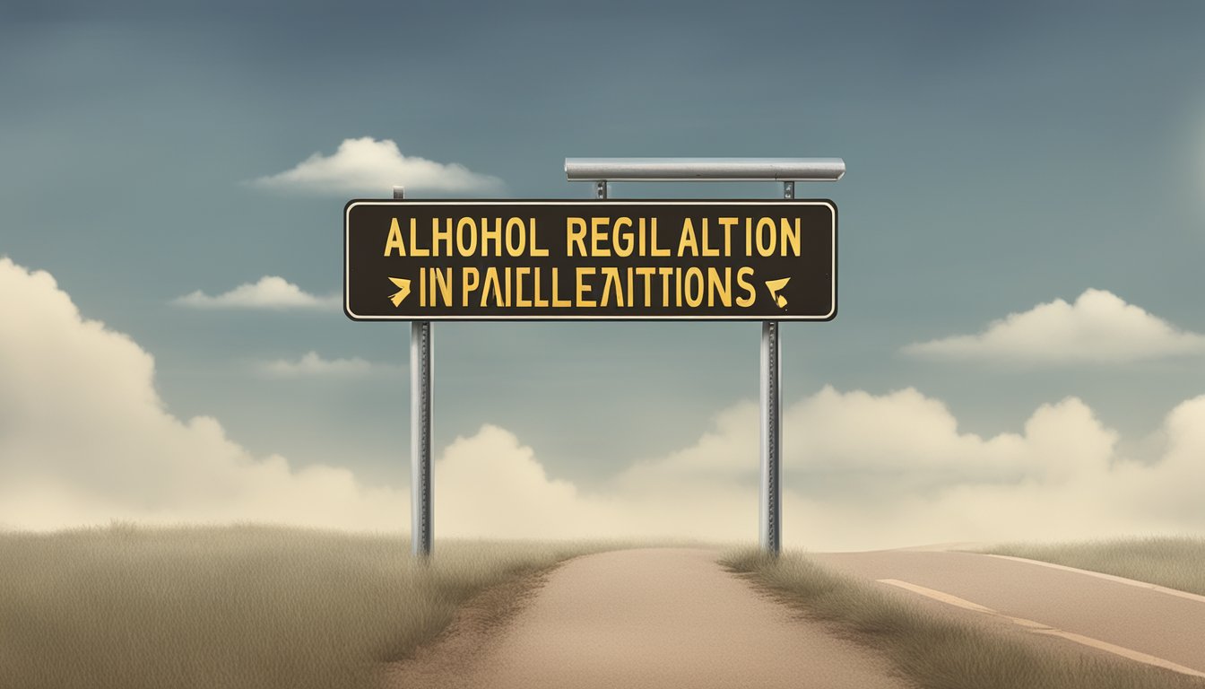 A dusty Texas road sign with a crossed-out beer bottle and a warning about alcohol regulations in Palo Pinto County