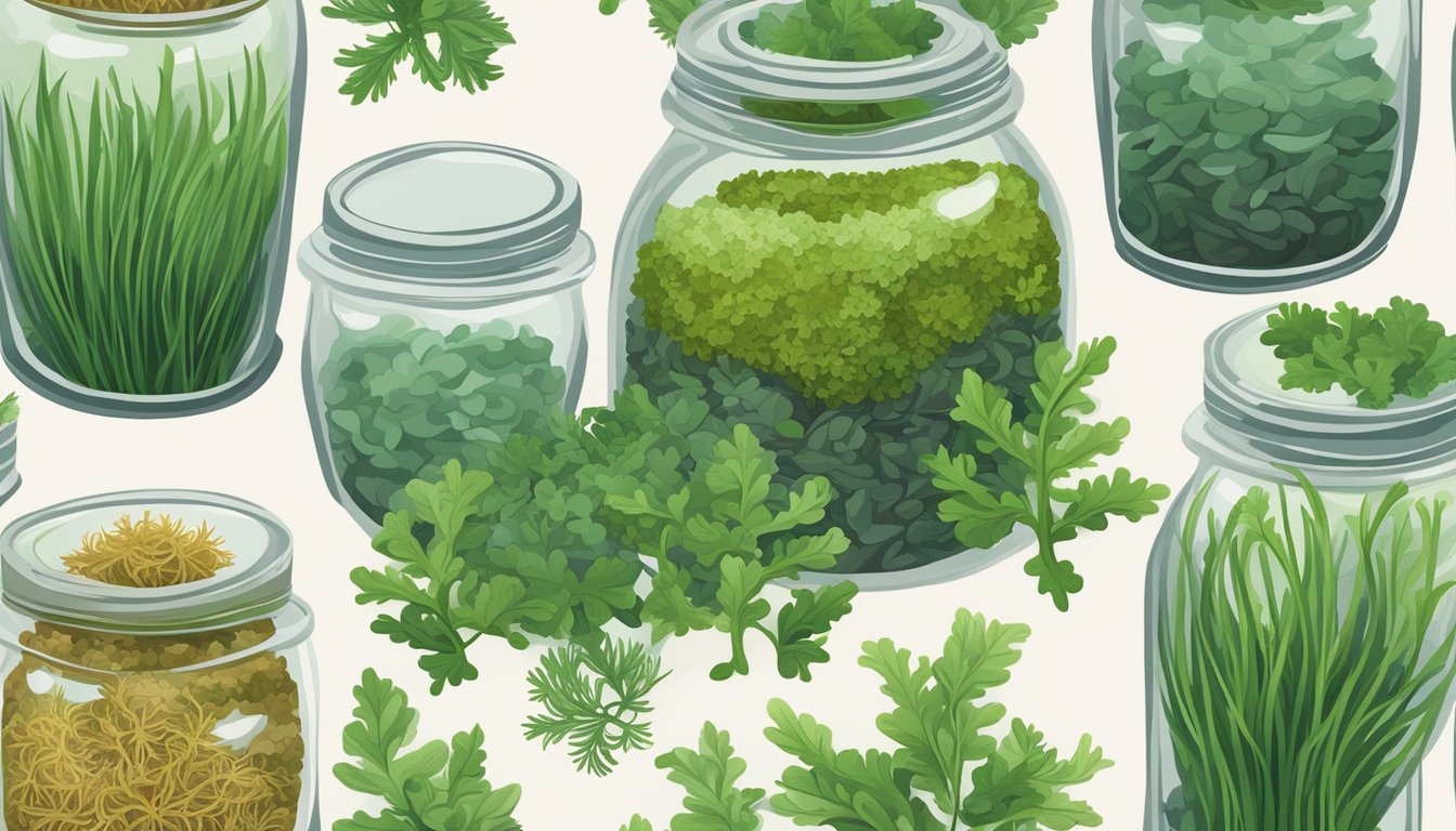 A glass jar filled with dried Irish moss, surrounded by fresh green seaweed and a variety of herbal supplements