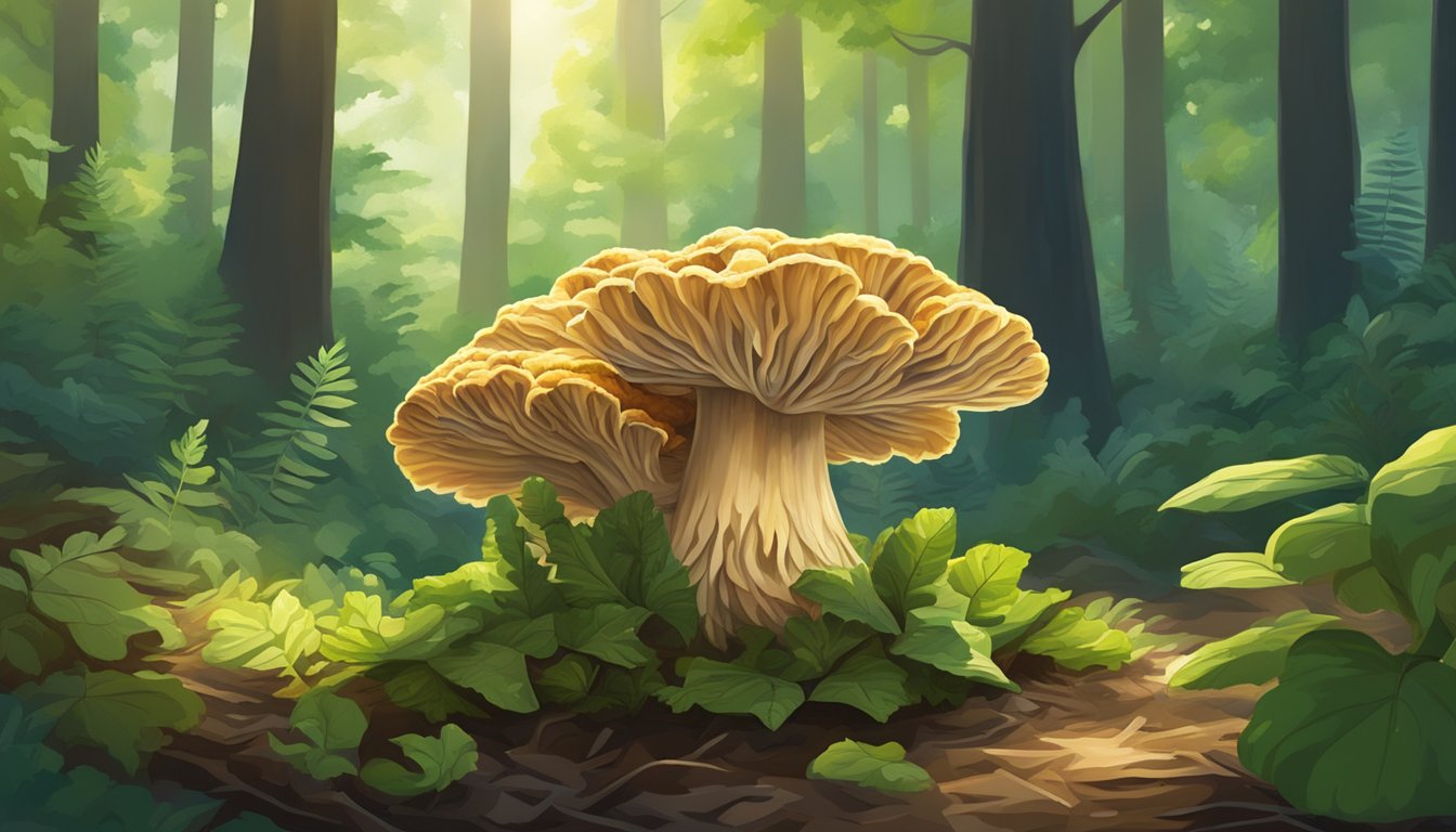 A hen of the woods mushroom surrounded by vibrant green foliage, with rays of sunlight filtering through the trees onto the forest floor