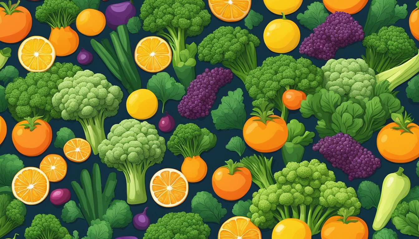 A colorful array of fresh vegetables and fruits, including kale, broccoli, and oranges, arranged in a vibrant and appealing composition