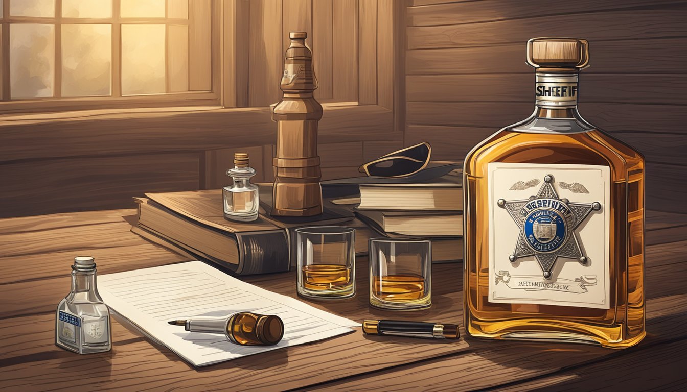 A sheriff's badge on a wooden desk, with a stack of legal documents and a bottle of whiskey