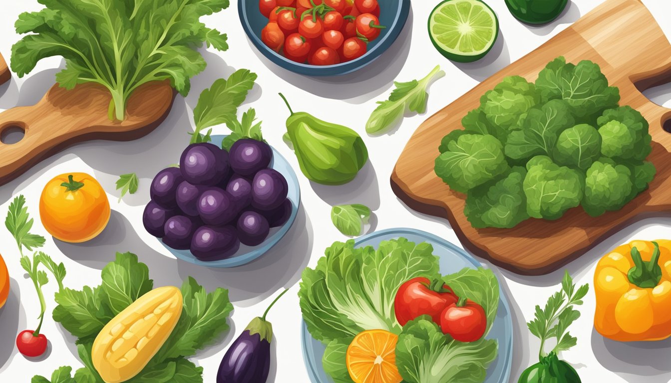 A colorful array of fresh vegetables and fruits, including raab, arranged on a wooden cutting board with a knife and a bowl of salad dressing